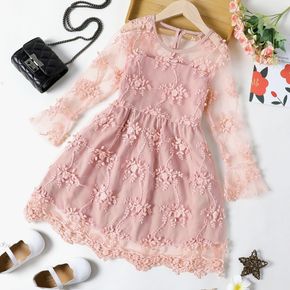 Kid Girl Floral Embroidered Lace Mesh Design Long-sleeve Pink Dress