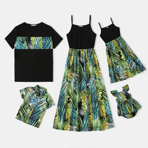 Family Matching Allover Tropical Plant Print Spliced Black Cami Dresses and Short-sleeve Tops Sets