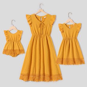 Yellow Swiss Dot Lace Hem Flutter-sleeve Dress for Mom and Me