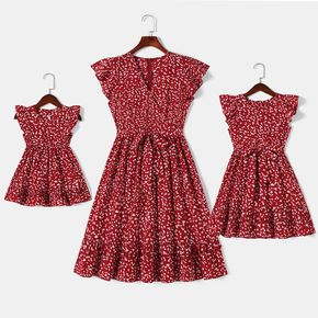 Allover Floral Print Red V Neck Flutter-sleeve Dress for Mom and Me