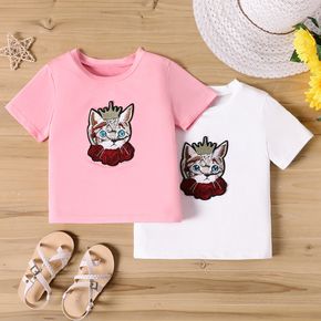 Kid Girl Animal Cat Patch Embroidered Short-sleeve Tee