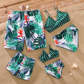 Family Matching Striped & Palm Print Two-Piece Bikini Set Swimsuit and Swim Trunks Shorts
