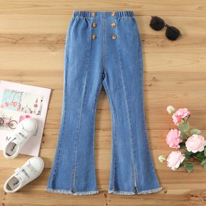 Kid Girl Button Design Raw Edge Slit Flared Denim Jeans