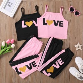 2pcs Kid Girl Letter Print Camisole and Colorblock Pants Set