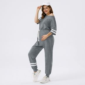 Maternity Contrast Striped Tape Short-sleeve Pocket Drawstring Jumpsuit