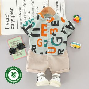 100% Cotton 2pcs Baby Boy All Over Letter Print Short-sleeve Shirt and Solid Shorts Set
