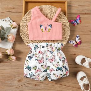 2pcs Baby Girl Butterfly Print Rib Knit One Shoulder Cami Crop Top and Bow Front Shorts Set