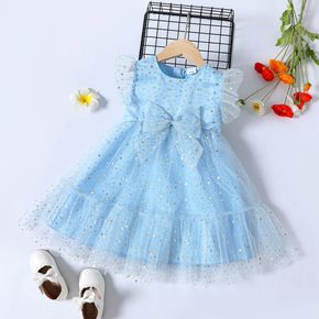 Dress Like Wind Toddler Girl Star Allover Mesh Layered Bow Decor Flutter-sleeve Blue Dress