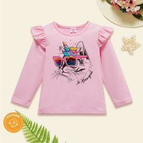 Toddler Girl Animal Cat Print Ruffled Long-sleeve Pink Cotton Tee