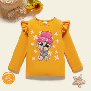 Toddler Girl Animal Print Ruffled Long-sleeve Yellow Cotton Tee