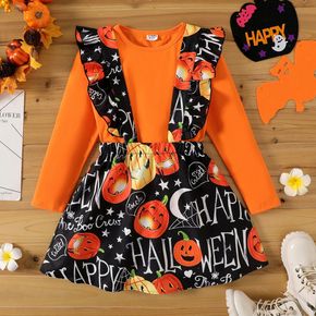 2pcs Kid Girl Halloween Long-sleeve Orange Tee and Pumpkin Print Ruffled Suspender Skirt Set