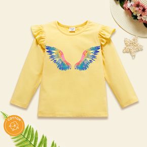 Toddler Girl Wings Print Ruffled Short-sleeve Pale Yellow Cotton Tee