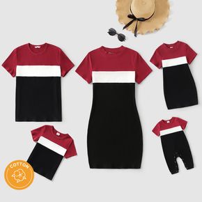 Family Matching Rib Knit Colorblock Short-sleeve Bodycon Dresses and T-shirts Sets