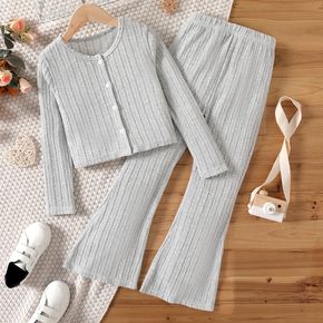 2pcs Kid Girl Cable Knit Textured Button Design Long-sleeve Tee and Flared Pants Set