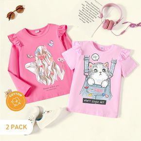 2-Pack Kid Girl Cartoon/Animal Print Ruffled Short/Long-sleeve Cotton Tee