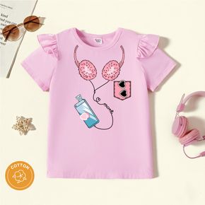 Kid Girl Headphone Print Ruffled Short-sleeve Pink Cotton Tee