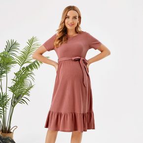 Maternity Waffle Ruffle Hem Belted Short-sleeve Dress