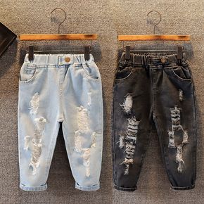 Kid Boy Casual Solid Color Ripped Denim Jeans