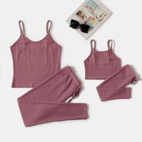 Mommy and Me Solid Waffle Textured Cami Tops and Leggings Sets