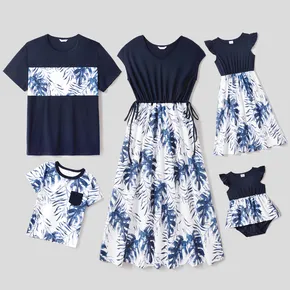 Family Matching Solid Spliced Allover Palm Leaf Print Drawstring Dresses and Short-sleeve T-shirts Sets