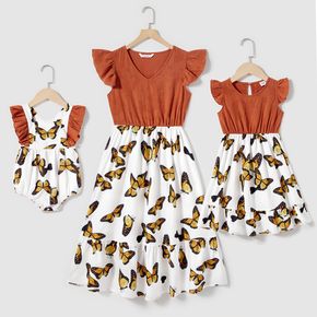 Mommy and Me 100% Cotton Flutter-sleeve Solid Spliced Allover Butterfly Print Ruffle Hem Dress