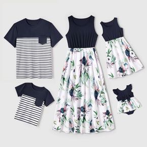 Family Matching Solid Spliced Plant Print Tank Dresses and Short-sleeve Striped T-shirts Sets