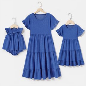 Blue Ruffle Trim Short-sleeve Tiered Dress for Mom and Me