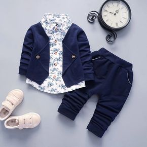 2pcs Toddler Boy Preppy style Faux-two Floral Print Shirt and Pants Set