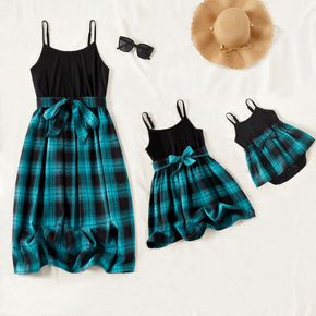 Solid Spliced Plaid Belted Cami Dress for Mom and Me