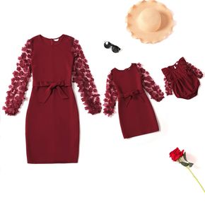 Dark Red 3D Floral Applique Decor Mesh Long-sleeve Belted Pencil Dress for Mom and Me