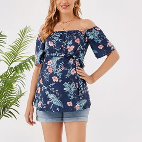Maternity Floral Print Lace Up Off Shoulder Tee