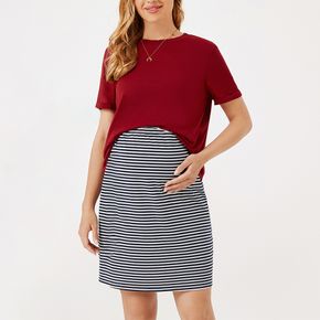 2-pack Maternity Simple Red Short-sleeve Tee & Stripe Skirt Set