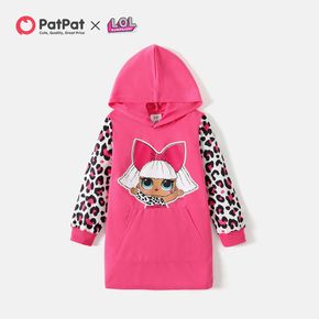 L.O.L. SURPRISE! Kid Girl Character Leopard Print Colorblock Pocket Design Hooded Sweatshirt Dress