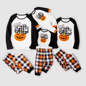 Halloween Family Matching Raglan-sleeve Pumpkin & Letter Print Plaid Pajamas Sets (Flame Resistant)