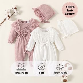 100% Cotton Baby Girl 2pcs Shirred Lace and Bow Decor Long-sleeve Pink or Lavender Purple Jumpsuit with Hat Set
