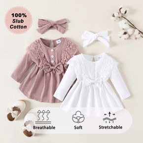 Baby Girl 100% Cotton 2pcs Solid Lace and Bow Decor Long-sleeve White or Lavender Purple Dress with Headband Set
