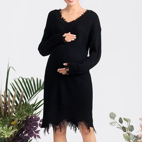 Black Tassel Trim V Neck Long-sleeve Maternity Sweater Dress