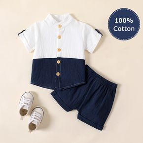 100٪ قطن طفل رضيع اللون لصق الوقوف الياقة قميص أبيض بأكمام قصيرة ومجموعة شورت أزرق