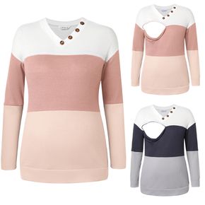 Nursing Button Decor Color Block Waffle Pullover