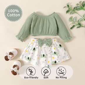 Baby Girl 100% Cotton 2pcs Solid Crepe Long-sleeve Green Top and Elephant Allover White Skirt Set