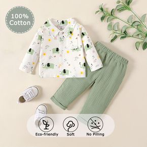 Baby Boy 2pcs Elephant Allover Lapel Collar Long-sleeve White Shirt and Solid Green Pants Set