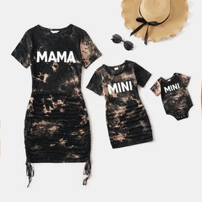 Mommy and Me 95% Cotton Short-sleeve Letter Print Tie Dye Drawstring Ruched Bodycon Dress