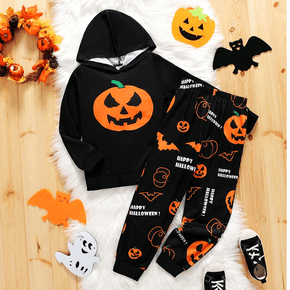 2pcs Kid Boy Halloween Pumpkin Print Black Hoodie Sweatshirt and Pants Set