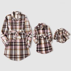 Long-sleeve Button Up Belted Plaid Shirt Dress for Mom and Me