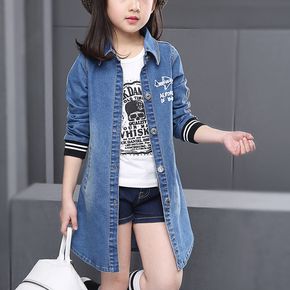 Kid Girl Denim Embroidery Decor Lapel Collar Long-sleeve Blue Top