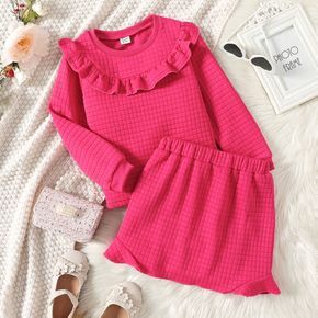 2pcs Kid Girl Ruffled Textured Pink Pullover Sweatshirt and Skirt Set