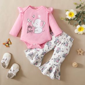 Baby Girl 2pcs Elephant Print Ruffle Decor Long-sleeve Pink Romper and Allover White Pants Set