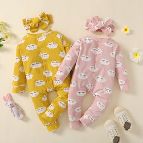 Baby 2pcs Cloud Allover Long-sleeve Pink or Yellow Jumpsuit with Headband Set