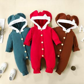 Baby Solid 3D Ear and Bow Decor Hooded Long-sleeve Green or Brown or Red Jumpsuit