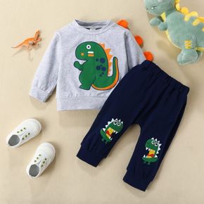 Baby Boy 2pcs Dinosaur 3D Serration Decor Long-sleeve Grey Pullover Top and Dark Blue Pants Set